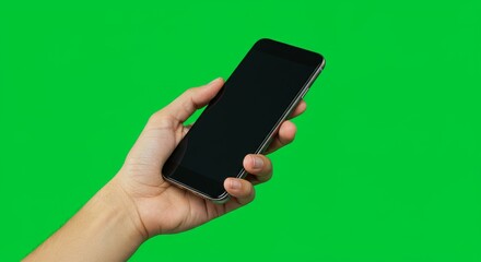 Hand Holding Modern Smartphone with Blank Black Screen Against Vibrant Green Chroma Key Background.