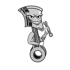 Cartoon Piston Mascot Holding Wrench