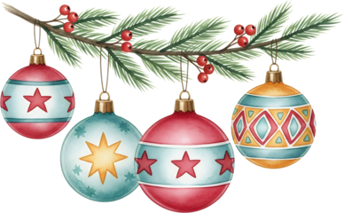 Festive Christmas tree branch with pine needles and red berries adorned with vintage style watercolor ornaments in red blue and yellow featuring star and geometric patterns