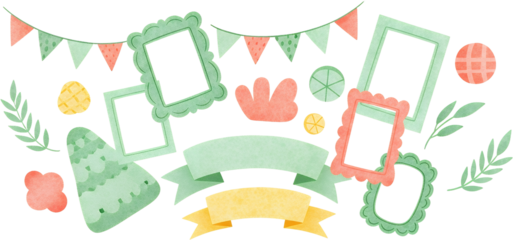 A collection of decorative watercolor elements including photo frames banners garlands leaves and abstract shapes in pastel green coral and yellow hues
