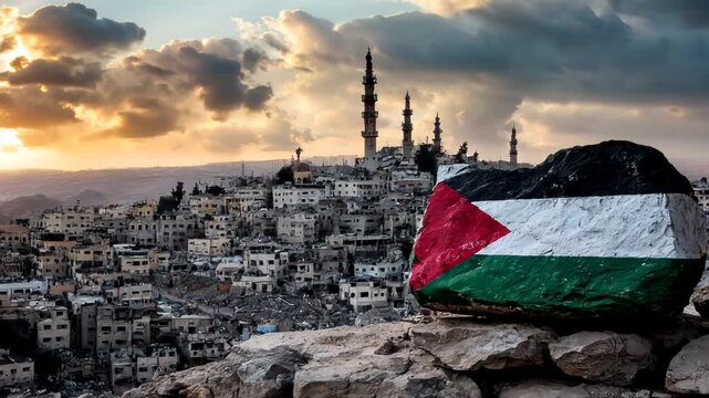 flag of palestine with symbol of peace, in front of the panorama of gaza at the sunset