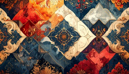 Intricate, symmetrical pattern design with rich jewel tones and decorative motifs, showcasing a complex interplay of shapes and colors.