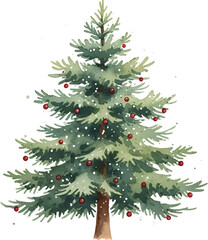 Fototapeta premium Watercolor illustration of a decorated pine tree with red baubles and white snowflakes against a transparent background Christmas holiday festive winter