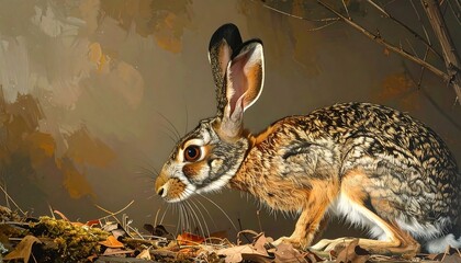 A captivating side profile of a hare, showcasing intricate patterns and detailed fur, set against a muted backdrop of earthy tones.