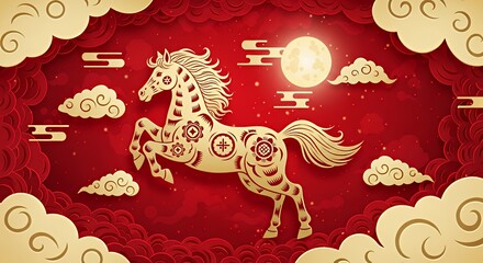 Golden Horse with Lunar Elements in Red Clouded Sky Style for Lunar New Year Celebration