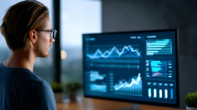A man studies interactive charts and statistics on a high resolution screen, reflecting the importance of data driven strategies. The scene highlights innovation and digital transformation in finance