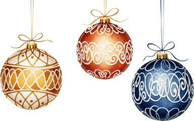 Three decorative Christmas ornaments hanging with festive swirling patterns in gold red and blue colors each adorned with a ribbon bow holiday new year