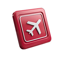 Obraz premium Red square icon, 3D effect, featuring a white airplane symbol within a slightly recessed inner square