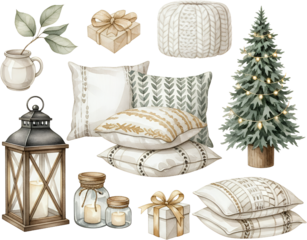 A cozy winter scene arrangement featuring decorative pillows lit candles in jars a festive Christmas tree a wooden lantern and wrapped gifts on a transparent background