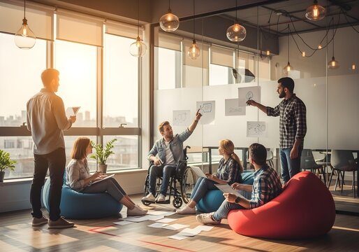 Team brainstorming in inclusive workspace with autistic man in wheelchair leading creative presentation with sketches on glass wall - Powered by Adobe