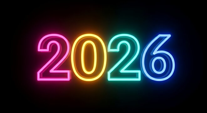 Colorful Neon Numbers 2026 in Bright Rgb Light on Black Background