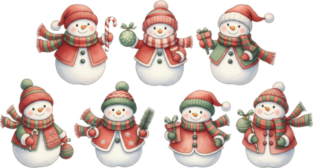 A charming collection of seven watercolor snowmen adorned with festive red and green hats and scarves holding Christmas ornaments candy canes and gifts on a transparent background