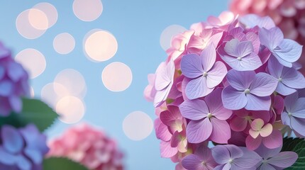 Closeup of pink and purple hydrangeas against a blue sky with bokeh lights