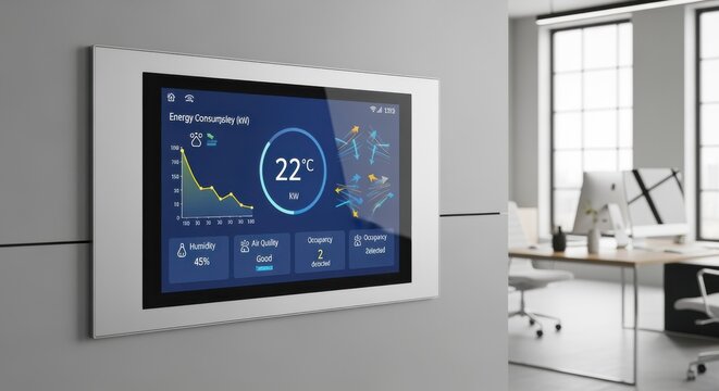 Focus on an automated climate control panel integrated into a sleek office space showcasing realtime adjustments to optimize comfort and energy efficiency.