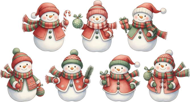 A charming collection of seven watercolor snowmen adorned with festive red and green hats and scarves holding Christmas ornaments candy canes and gifts on a transparent background - Powered by Adobe
