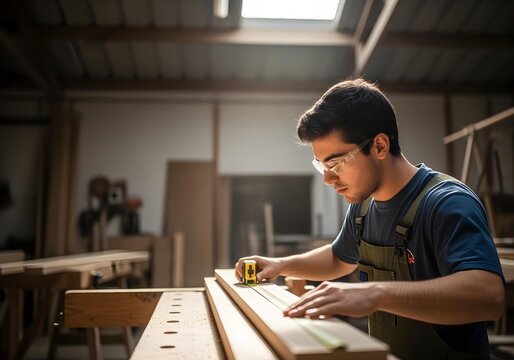 Autistic man using measuring tape on wooden planks with focus in sunlit woodworking shop with safety glasses and workshop tools