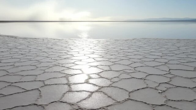 Expansive Salt Flat with Mirrored Water and Bright Sun Reflection