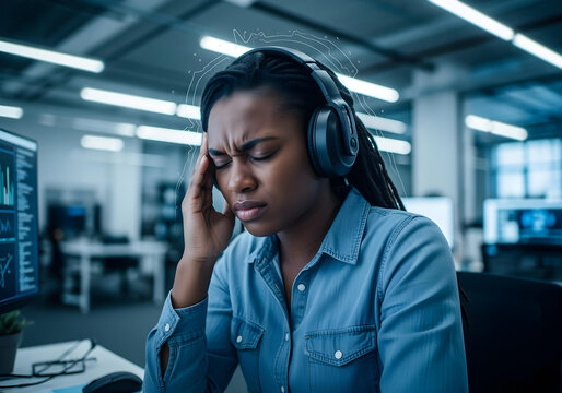 Autistic black african woman wearing headphone experiencing sensory overload while working on laptop in office highlighting the need for inclusive neurodivergent support - Powered by Adobe
