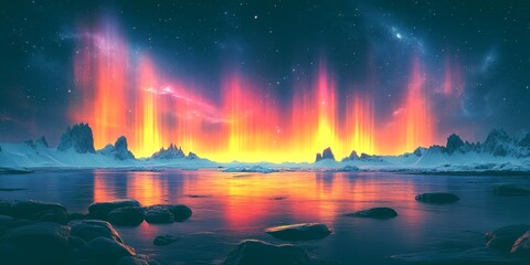 Spectacular display of aurora borealis over a tranquil icy landscape during twilight hours