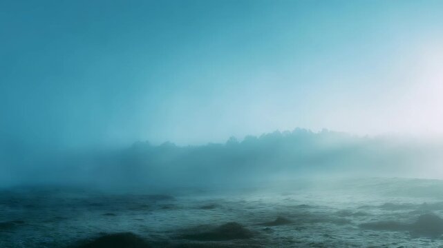 Tranquil misty morning landscape with thick fog enveloping forest, open field, soft blue hues, peaceful sunrise, serene, dreamy atmosphere, ethereal nature scene, calm, soothing outdoor