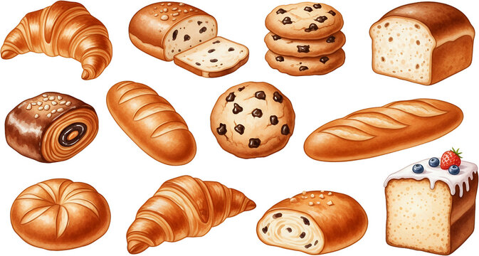 Assortment of freshly baked goods including croissants bread loaves chocolate chip cookies pastries and a slice of cake decorated with berries dessert