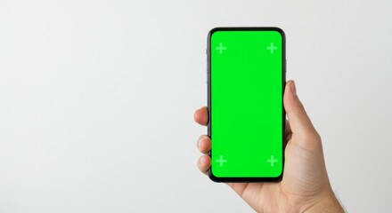 Hand Holding a Modern Smartphone with a Blank Green Screen and Tracking Markers, Isolated on a White Background with Ample Copy Space.
