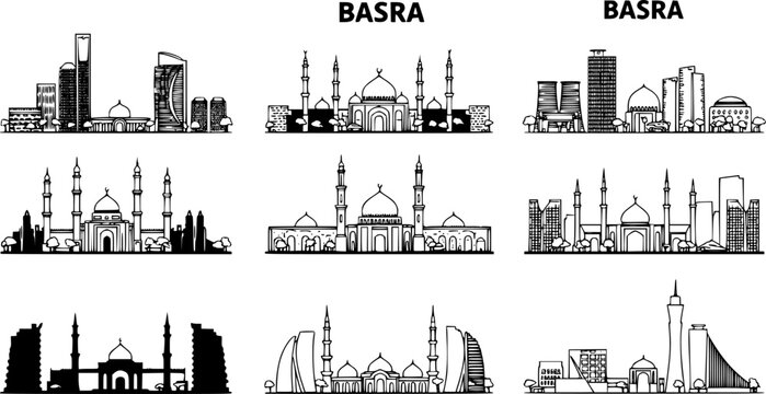 Basra Skyline Iraq Cityscape Outline.
