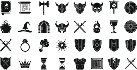 Comprehensive collection of medieval fantasy game elements, including weapons, armor, shields, and magical items, presented as black silhouettes for design projects and role-playing game assets