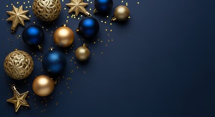 Illustration of festive arrangement of golden stars and blue baubles scattered on a dark navy blue background with copy space