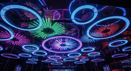 Vibrant circular led light structures creating a kaleidoscopic futuristic scene abstract ambiance