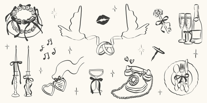 Hand drawn coquette wedding elements. Vintage cute symbols with ribbon and bow in simple crayon sketch style. Trendy art for Valentine day and bachelorette invitations. Aesthetic vector illustration