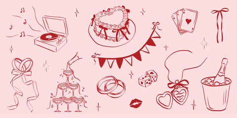 Hand drawn coquette wedding elements. Vintage cute symbols with ribbon and bow in simple crayon sketch style. Trendy art for Valentine day and bachelorette invitations. Doodle vector illustration