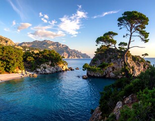 Naklejka premium A tranquil cove with a majestic pine tree, nestled amongst a rugged coastline and a brilliant blue sea.