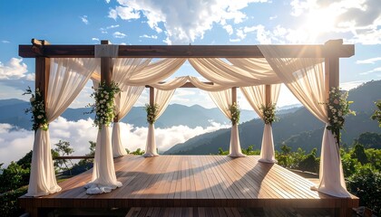 Fototapeta premium Outdoor Pergola with Fabric and Flowers Overlooking Mountain Scenery