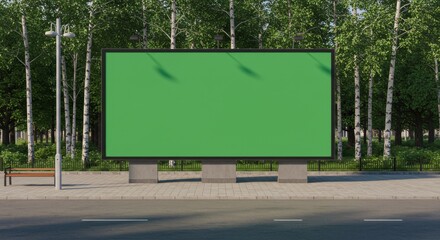 Large Green Screen Billboard Mockup in Sunny Park with Tall Trees and Bench.