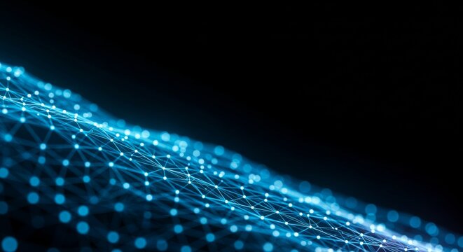 Abstract Digital Network - Glowing Blue Dots and Lines on Black Background.