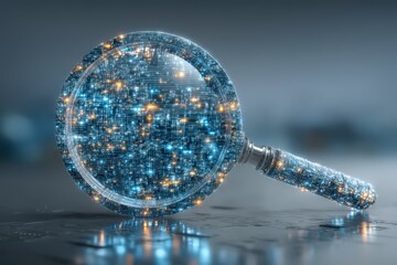 Magnifying glass composed of luminous circuits showcasing the integration of technology and digital realms for enhanced exploration and understanding of information networks
