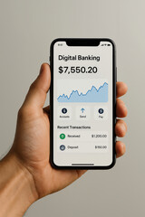 Hand holding smartphone with digital banking app and transaction history