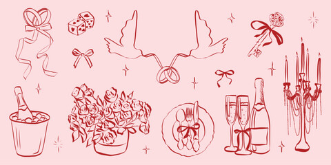 Hand drawn coquette wedding elements. Vintage cute symbols with ribbon and bow in simple crayon sketch style. Trendy art for Valentine day and bachelorette invitations. Doodle vector illustration