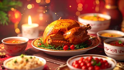 Festive Thanksgiving Dinner Roasted Turkey Surrounded by Delicious Side Dishes