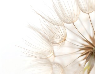 Delicate, light-filled detail of a dandelion seed head, showcasing the intricate network of fine filaments against a bright backdrop.