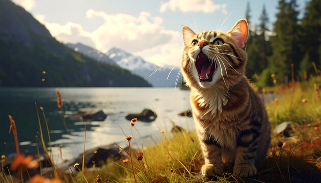A majestic tabby cat, mouth agape, gazes upwards at a scenic lake nestled amidst towering mountains under a radiant, natural sunlight.