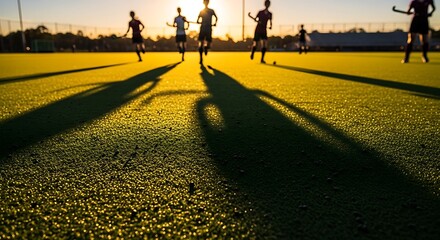 Soccer Silhouette: A group of soccer players cast long shadows as they sprint across a field during the golden hour, a powerful image conveying movement, teamwork, and the spirit of sport.