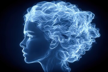 Obraz premium Ethereal representation of a woman radiating an aura of creativity and introspection through fluid light patterns illuminating the contours and dimension of her face and hair against a dark
