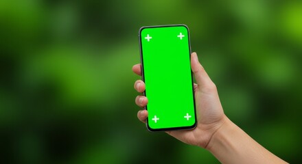Hand Holding Vertical Smartphone with Green Screen  Tracking Markers Against Soft Green Nature Background.