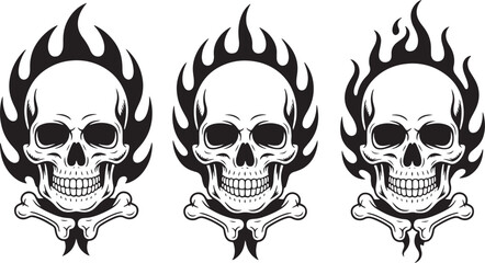Fototapeta premium Three black and white vector illustrations of skulls with flames and crossbones fire