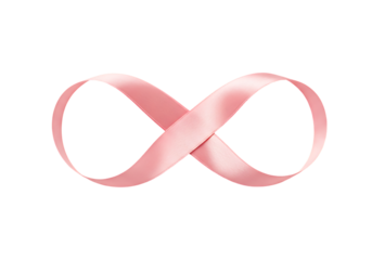 Pink ribbon forming an infinity symbol on a white background.