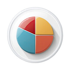 A stylized pie chart divided into four sections of red, orange, blue, and coral, presented on a circular white platform with a drop shadow