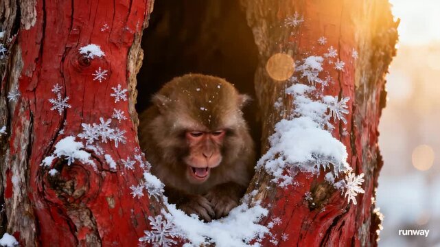 A close-up of a monkey yawning in the hollow of a colorful tree, surrounded by fresh snowflakes, capturing a moment of wildlife in its serene winter habitat.