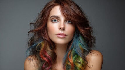 Naklejka premium Woman with rainbow colored hair poses in a studio setting with soft lighting and natural beauty